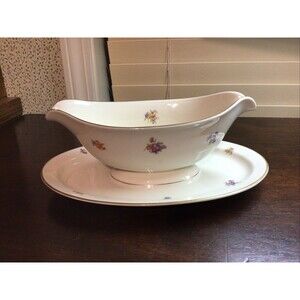 PICKARD CHINA FLORAL CHINTZ GRAVY BOAT WITH ATTACHED UNDERPLATE